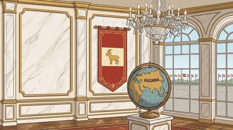 The Generalissimo's palace: marble walls with gold trim, a crystal chandelier, a red banner with a golden goat and a large globe with Kazaria written across it, in front of tall arched windows lined with flags.