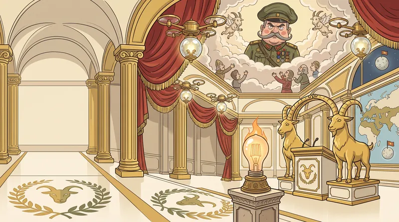 The Palace of Eternal Excellence: golden columns, red velvet curtains, chandeliers carried by drones, two golden goat statues beside a podium, and a ceiling fresco of Marshal Vorlan floating in the clouds above his admiring citizens.